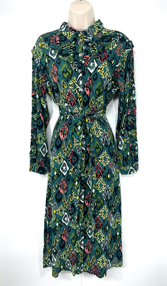 POM Amsterdam Green Multicoloured Boho Scandi Women's Midi Shirt Dress UK 8 10 S