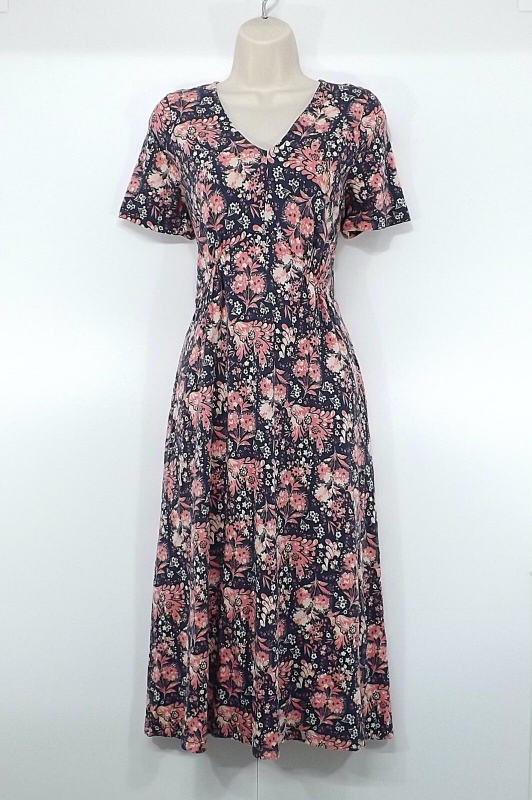 WHITE STUFF Navy Pink Floral Soft Jersey COTTON Blend Women's Fit & Flare Dress UK 10