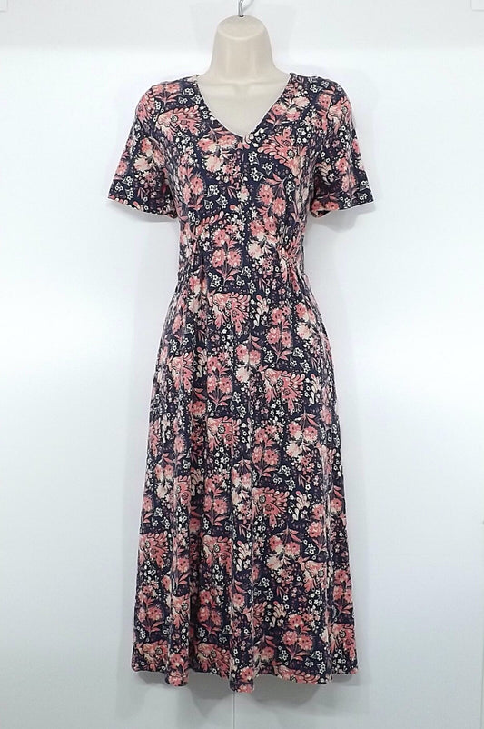 WHITE STUFF Navy Pink Floral Soft Jersey COTTON Blend Women's Fit & Flare Dress UK 10