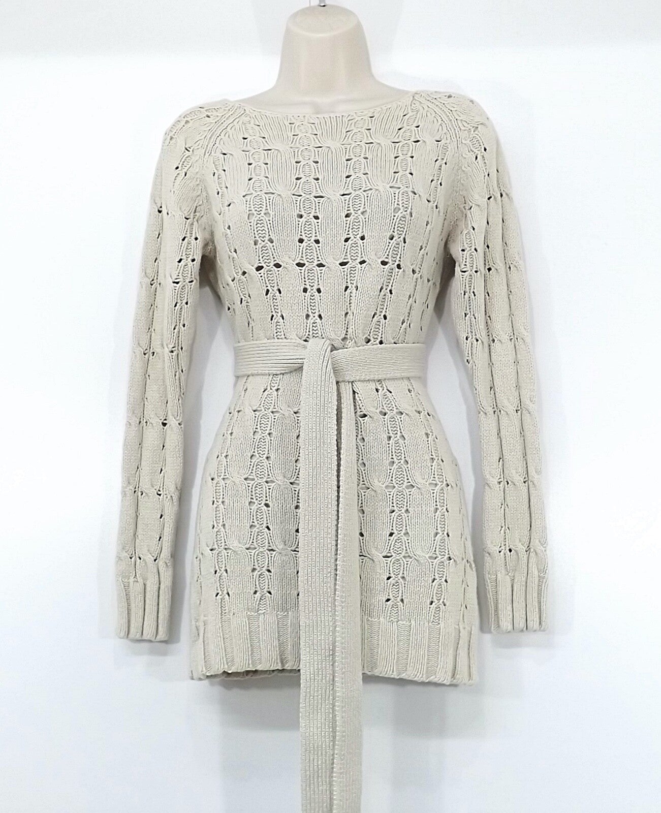 PAUL COSTELLOE Stone Beige LINEN Blend Retro Style Women's Jumper with Belt UK 8 10 S