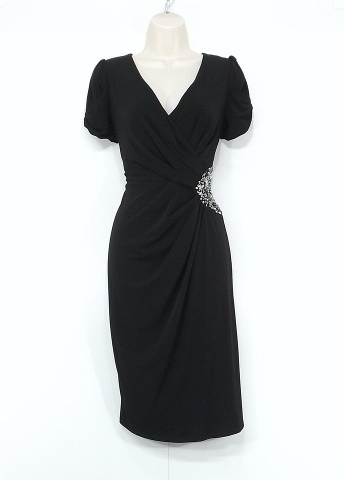 MARKS & SPENCER Black Embellished Thin Silky Jersey Crossover Gathered Women's Shift Dress UK 10