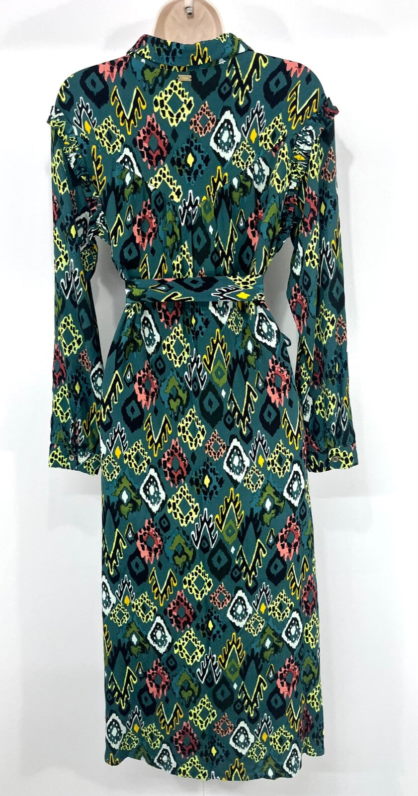 POM Amsterdam Green Multicoloured Boho Scandi Women's Midi Shirt Dress UK 8 10 S