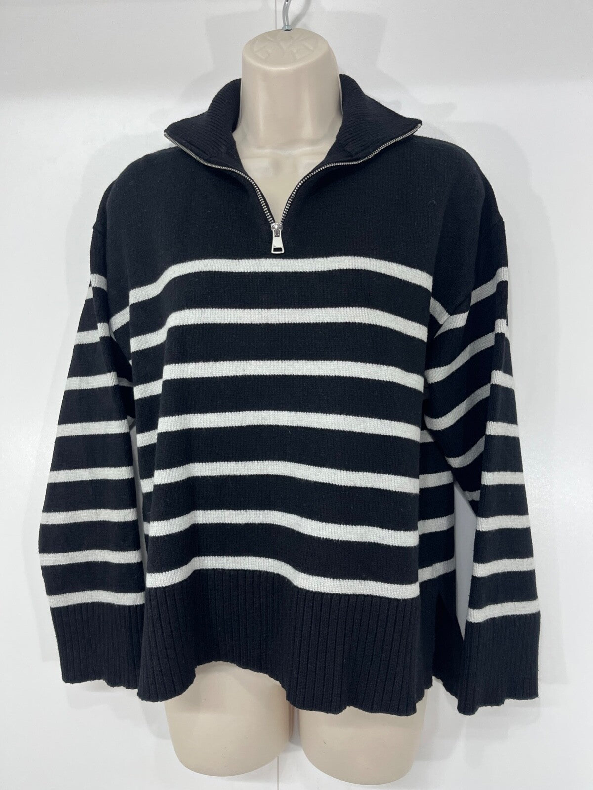 ZARA Black Ivory Soft Chunky Knit Women's Oversized High Zip Neck Jumper UK 8 10 S