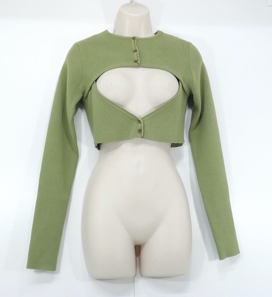 MISTRESS ROCKS Green Thin Knit Cut Out Women's Cropped VERVE Cardigan Top UK 10 12 M