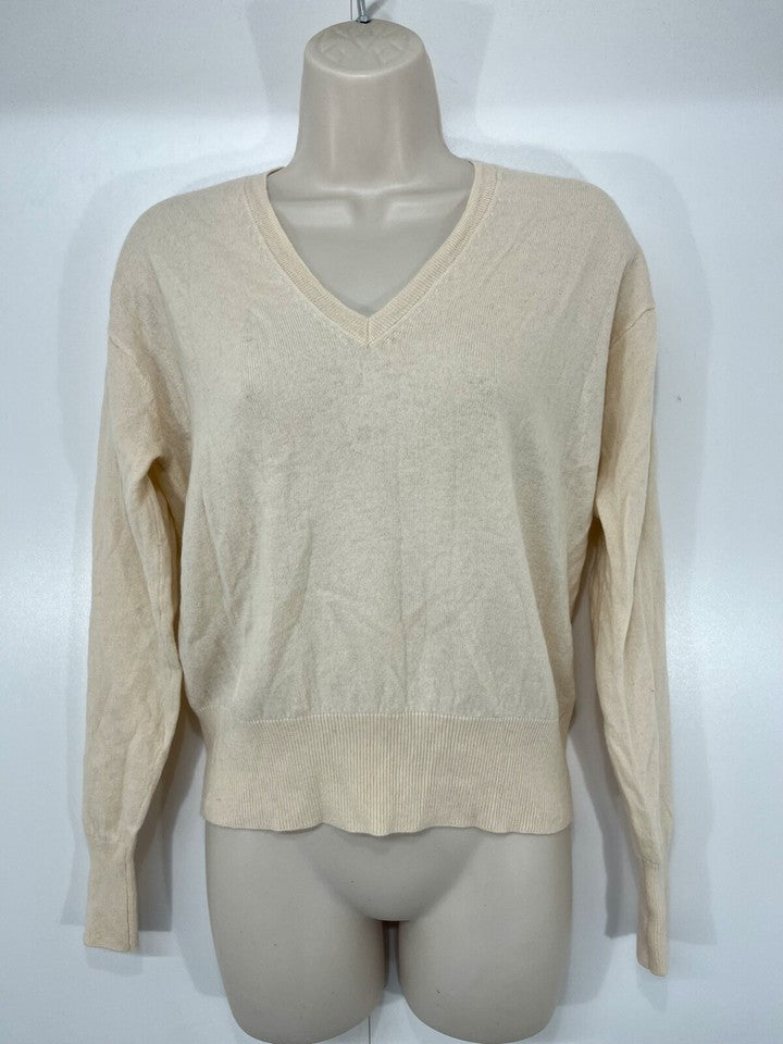 ZARA Cream Nude Soft Thin Knit Pure WOOL Women's Classic V-Neck Jumper UK 8 10 S