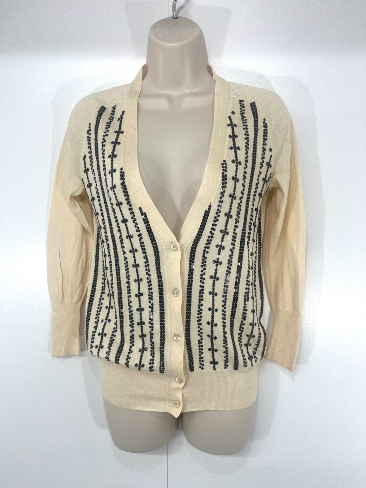 J.CREW Cream Embellished PIMA COTTON WOOL Blend Women's Thin V-Neck Cardigan UK 8 10 S