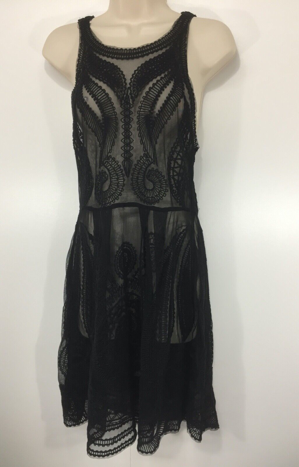 SEEN Embroidered Mesh Sheer Black Women's Fit & Flare Dress UK 12 14 Cocktail Goth Club