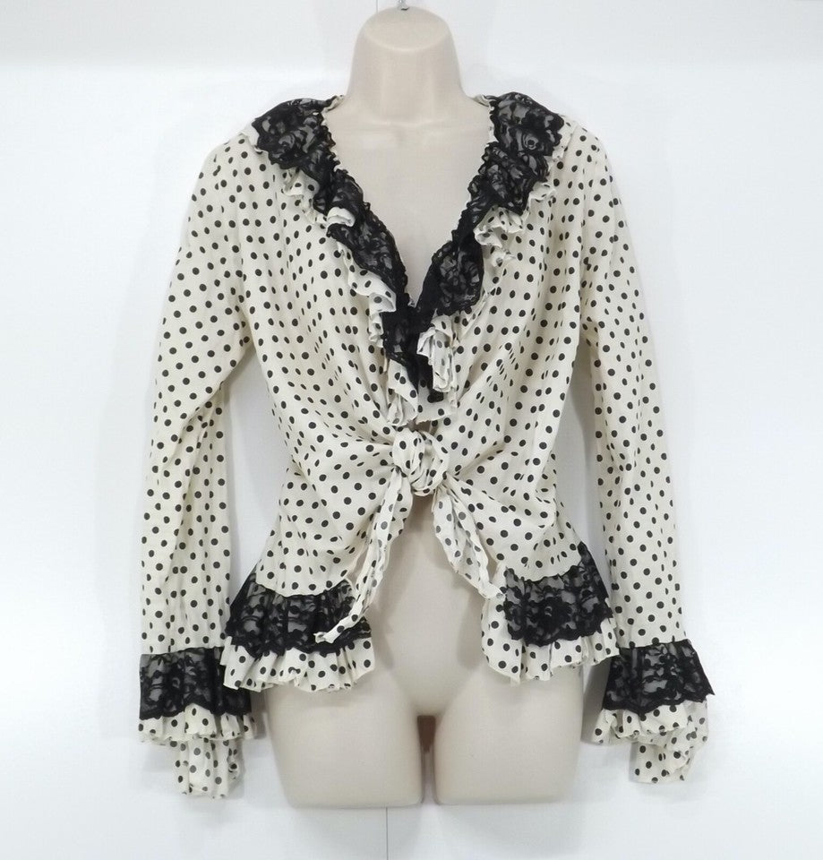 JEFF GALLANO Paris Beige Black Polka Dot COTTON Retro Boho Women's Blouse UK 12 14 M
