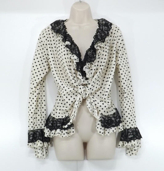 JEFF GALLANO Paris Beige Black Polka Dot COTTON Retro Boho Women's Blouse UK 12 14 M