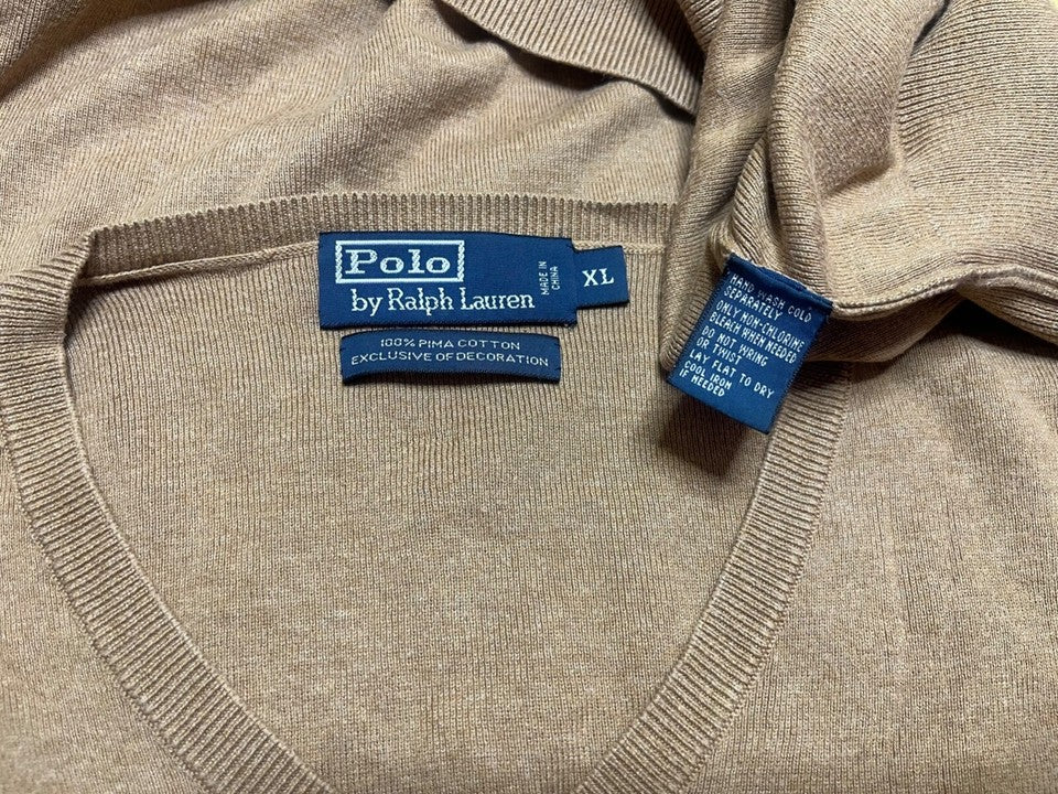 POLO RALPH LAUREN Beige PIMA COTTON Thin Knit Mens V-Neck Jumper size XL