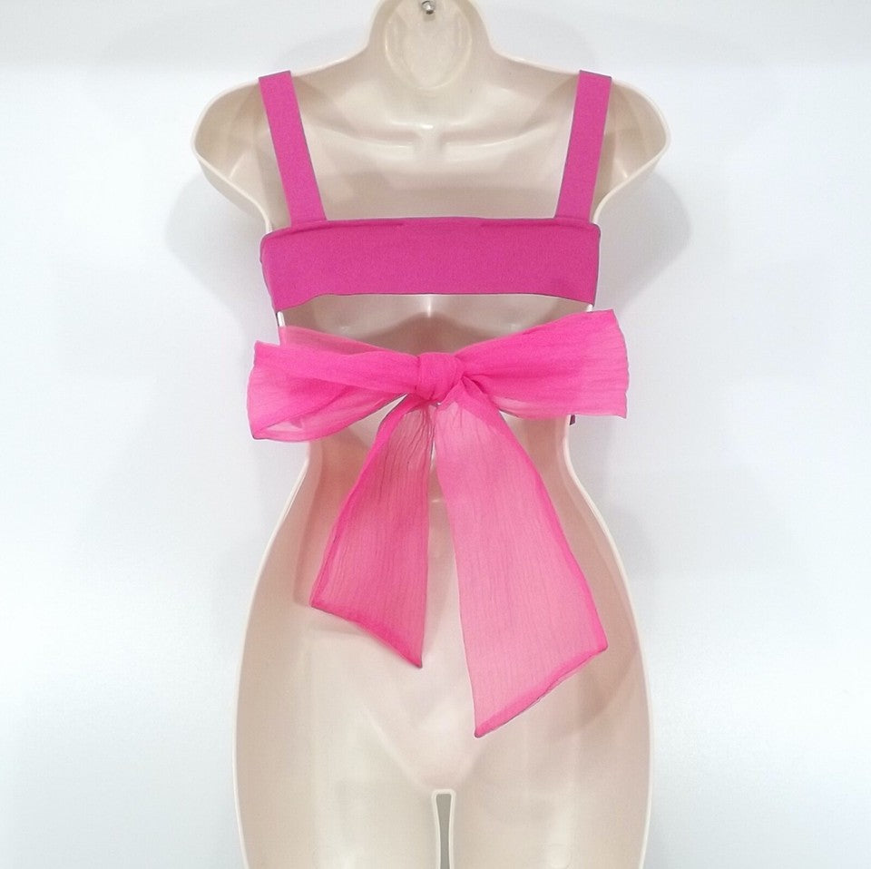 ZARA Bright Pink Thin Jersey Tie Up Back Women's Cropped Top Cami UK 8 10 S