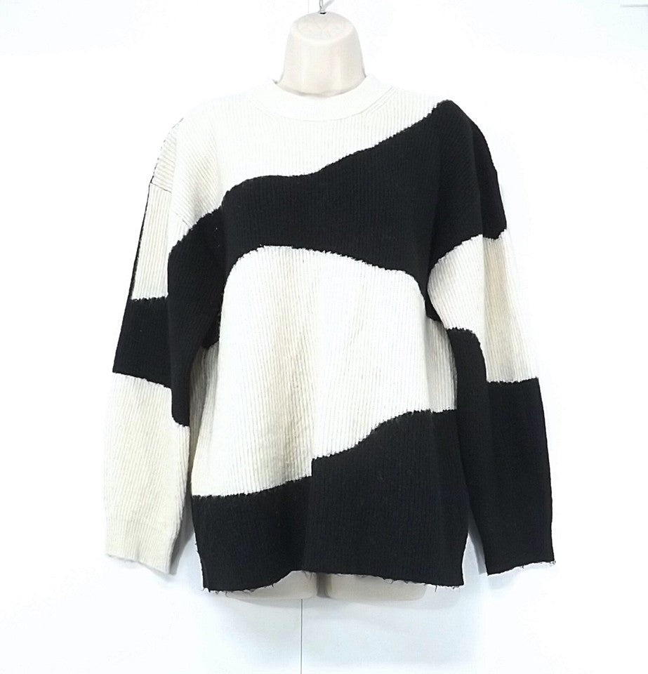 H&M Black Cream Soft Knit WOOL Blend Relaxed Fit Women's Jumper UK 12 14 M
