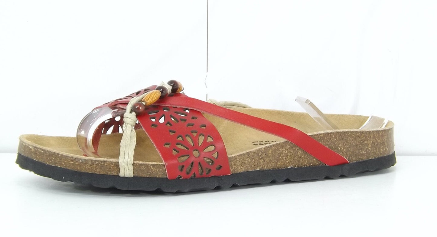 SWEET Red Embellished REAL LEATHER Women's Slip On Toe Post Sandals UK 4 EUR 37