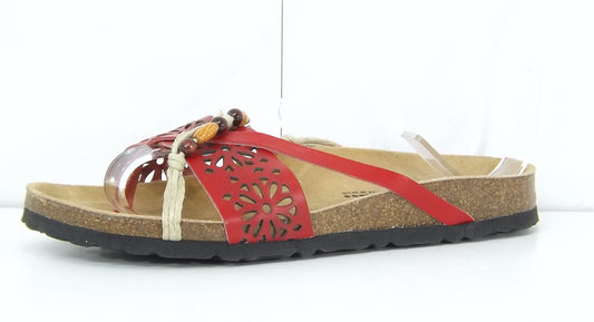 SWEET Red Embellished REAL LEATHER Women's Slip On Toe Post Sandals UK 4 EUR 37