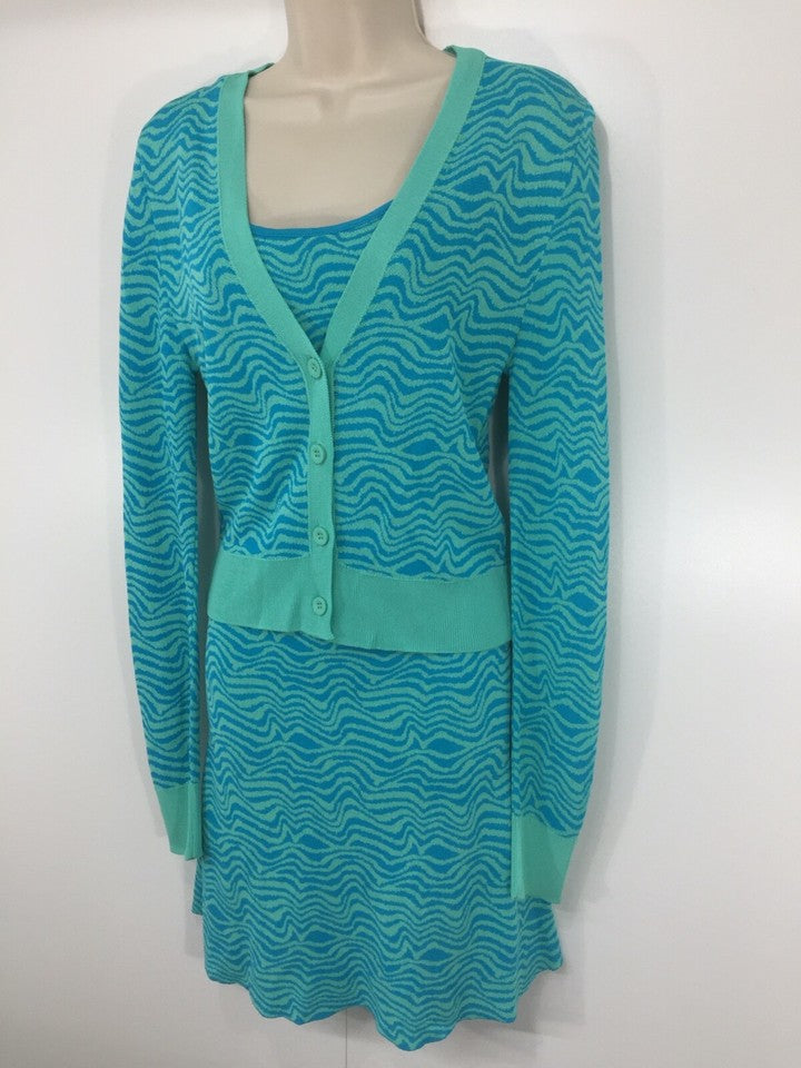 ZARA Green Blue Soft Thin Jersey Vintage Retro Style Women's Co-Ord Set Cardigan & Dress