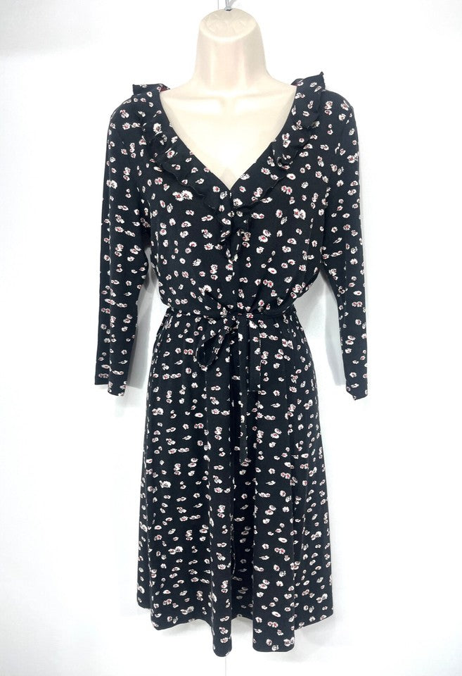 BODEN Black Cream Floral Soft Thin Jersey Women's Fit & Flare Ditsy Dress UK 10