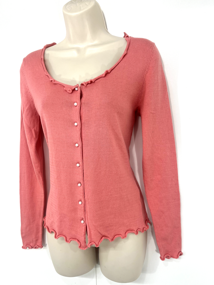 WOOLOVERS Pink Soft Thin Knit SILK COTTON Women's Scoop Neck Cardigan UK 8 10 S