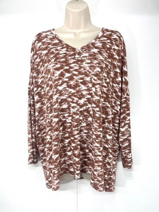 MARLAWYNNE Brown White Relaxed Fit Women's Tunic UK 16 18 L Soft Thin Jersey Boho Style