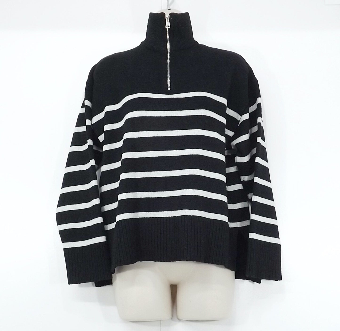 ZARA Black Ivory Soft Chunky Knit Women's Oversized High Zip Neck Jumper UK 8 10 S