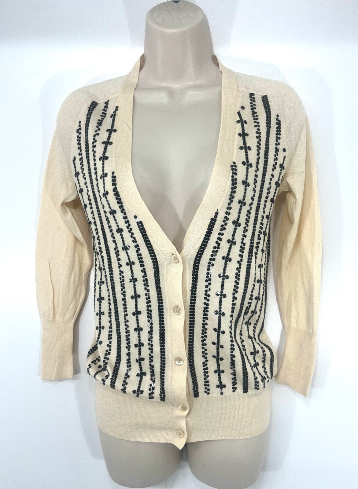 J.CREW Cream Embellished PIMA COTTON WOOL Blend Women's Thin V-Neck Cardigan UK 8 10 S
