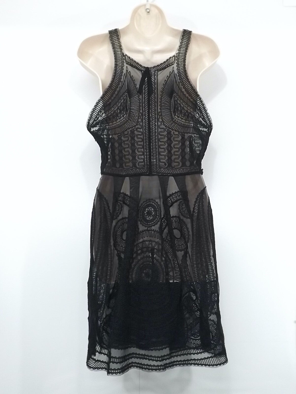 SEEN Embroidered Mesh Sheer Black Women's Fit & Flare Dress UK 12 14 Cocktail Goth Club