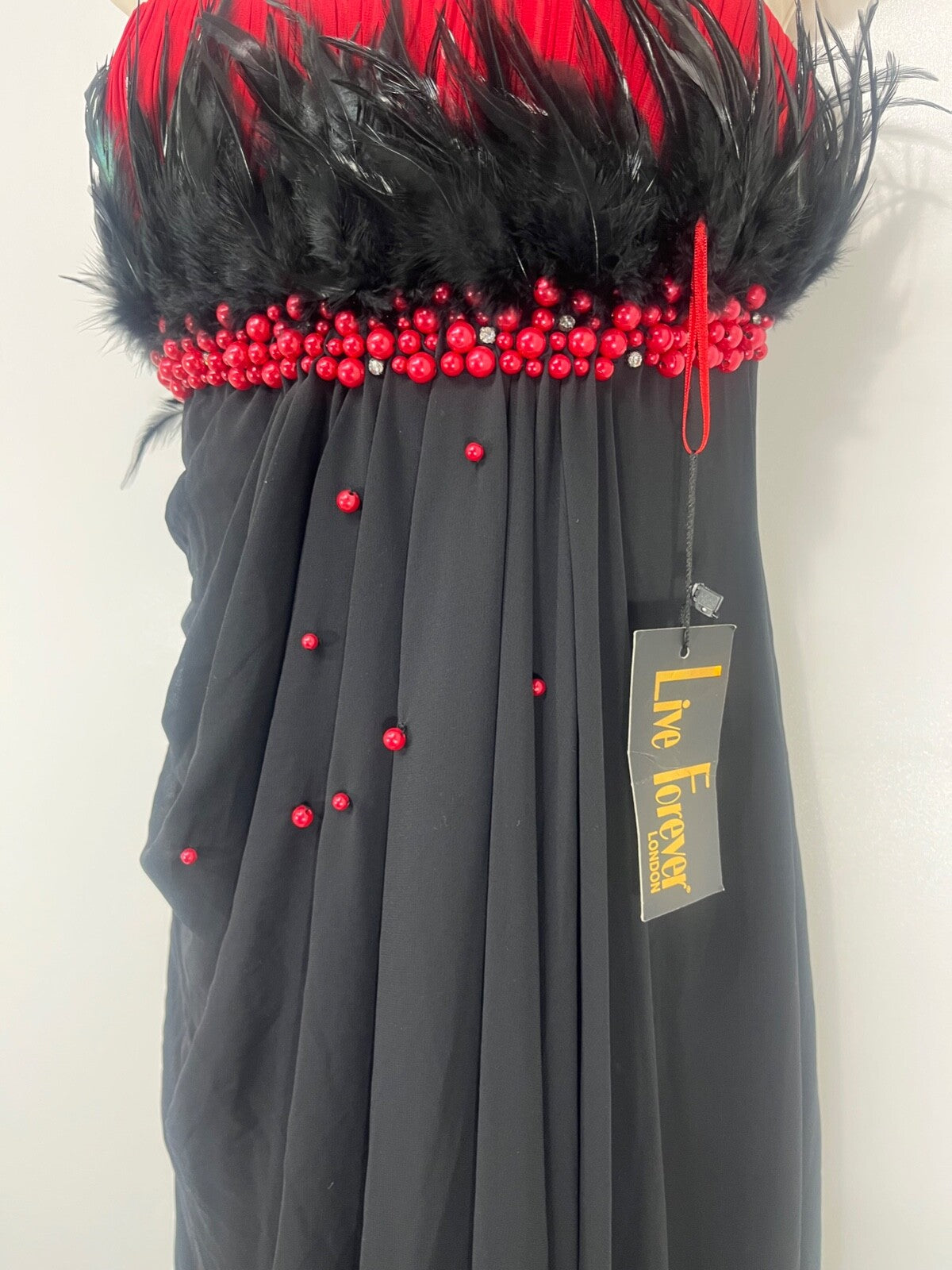 LIVE FOREVER Long Embellished Black Evening Dress with Feathers UK 10 NEW Theatre Performance