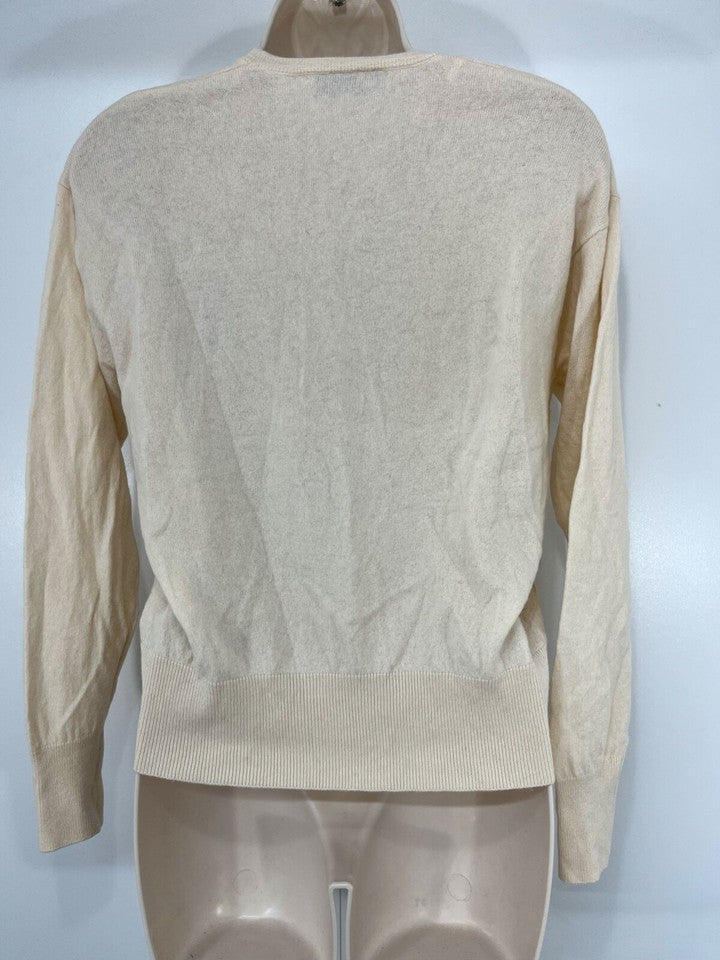 ZARA Cream Nude Soft Thin Knit Pure WOOL Women's Classic V-Neck Jumper UK 8 10 S
