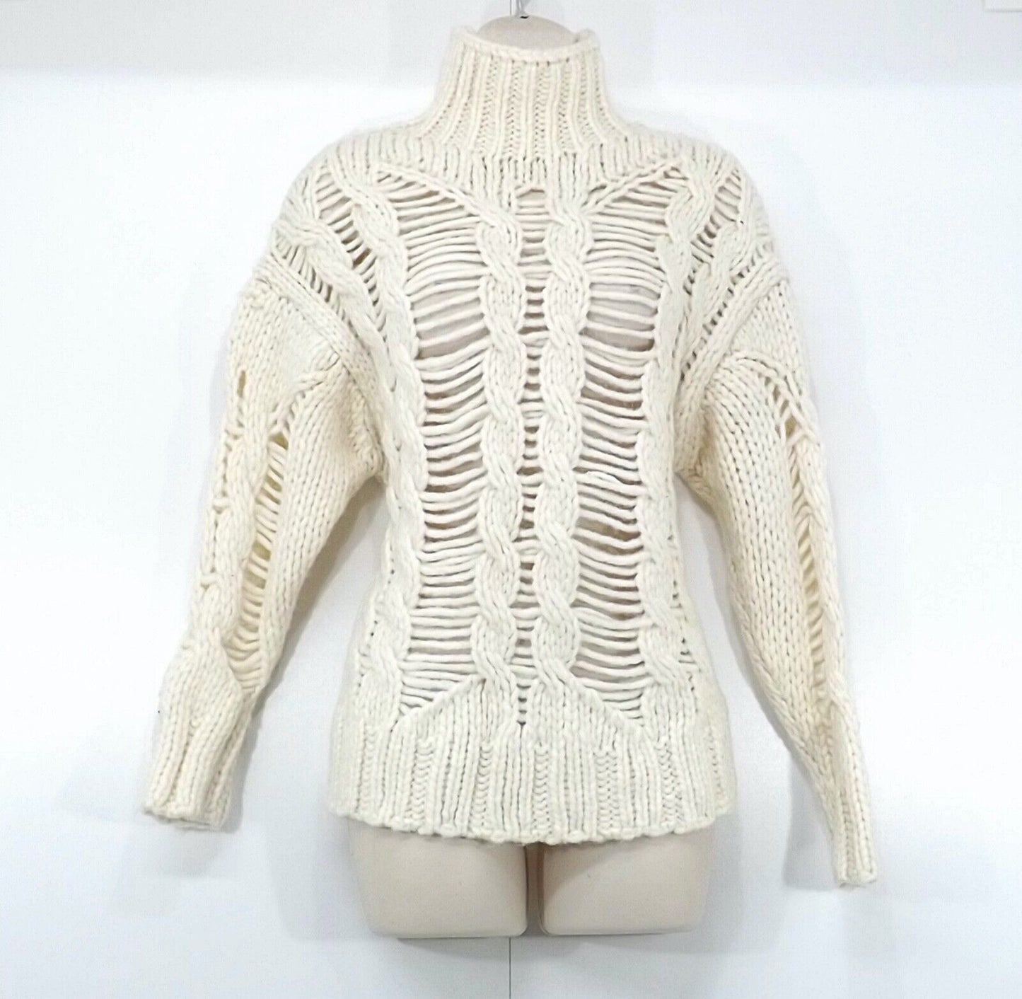ZARA Cream Soft Chunky Knit Boho Retro Style Women's High Neck Jumper UK 8 10 S