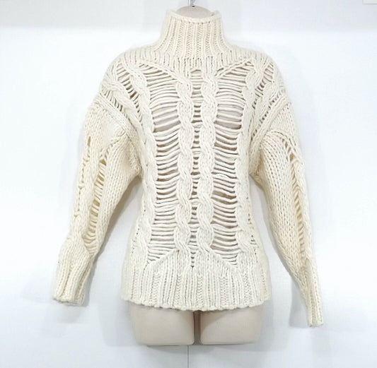 ZARA Cream Soft Chunky Knit Boho Retro Style Women's High Neck Jumper UK 8 10 S