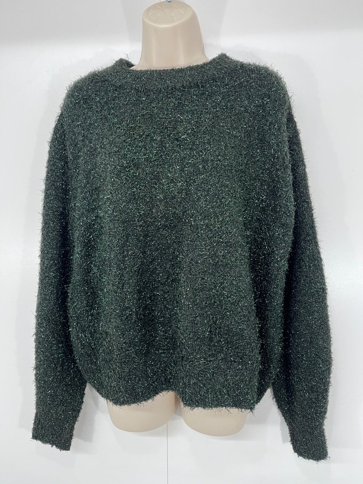 H&M Black Green Sparkly Soft Chunky Chenille Knit Women's Oversized Jumper UK 8 10 S