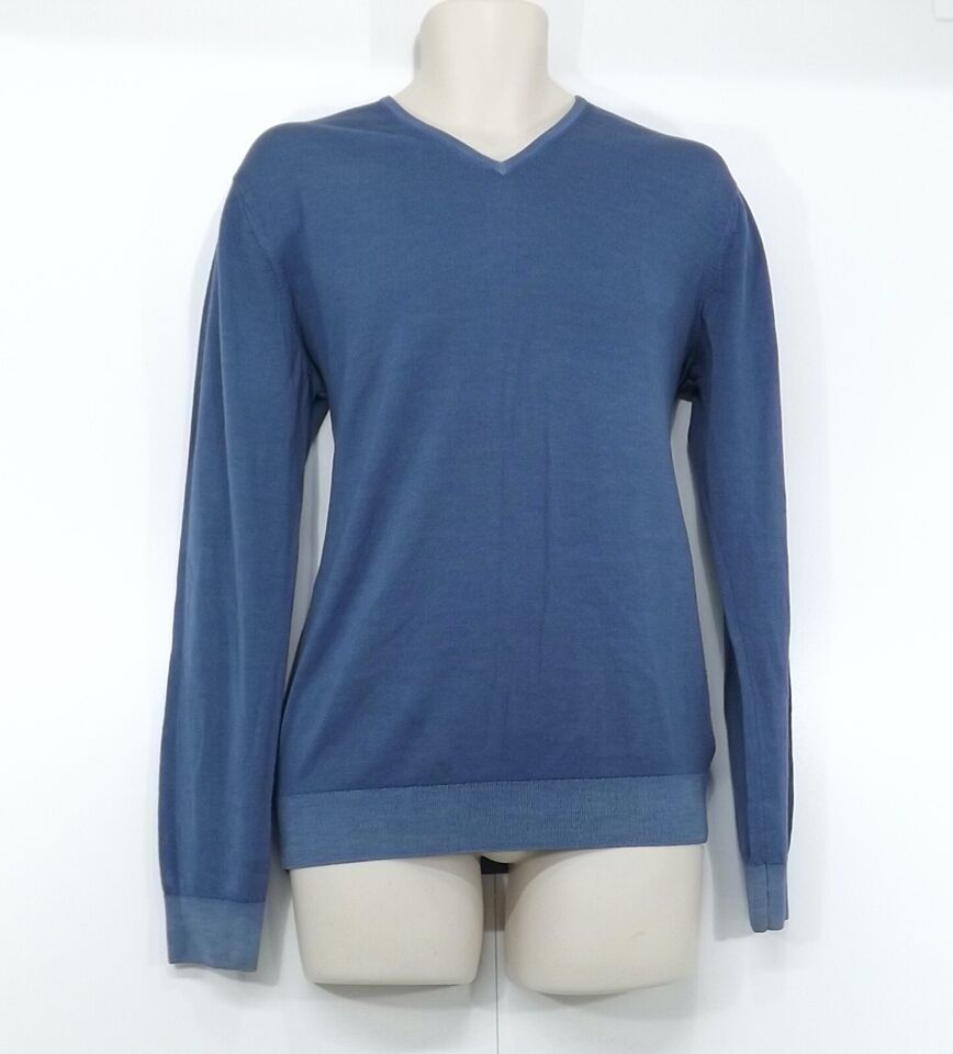 MASSIMO DUTTI Blue Soft Thin Knit Extra Fine WOOL Mens V-Neck Jumper size L