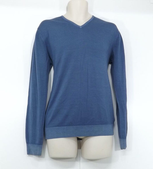 MASSIMO DUTTI Blue Soft Thin Knit Extra Fine WOOL Mens V-Neck Jumper size L