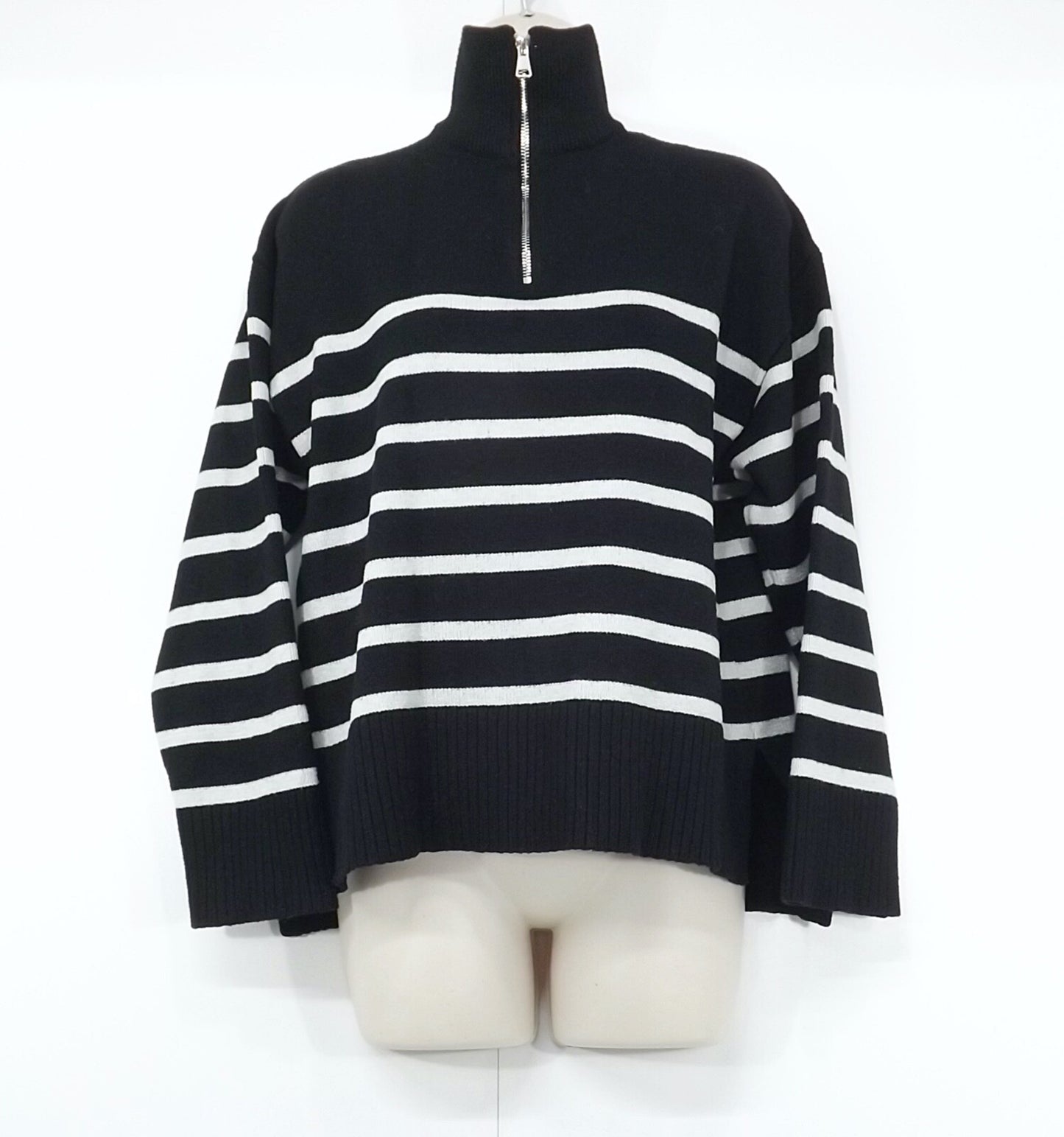 ZARA Black Ivory Soft Chunky Knit Women's Oversized High Zip Neck Jumper UK 8 10 S