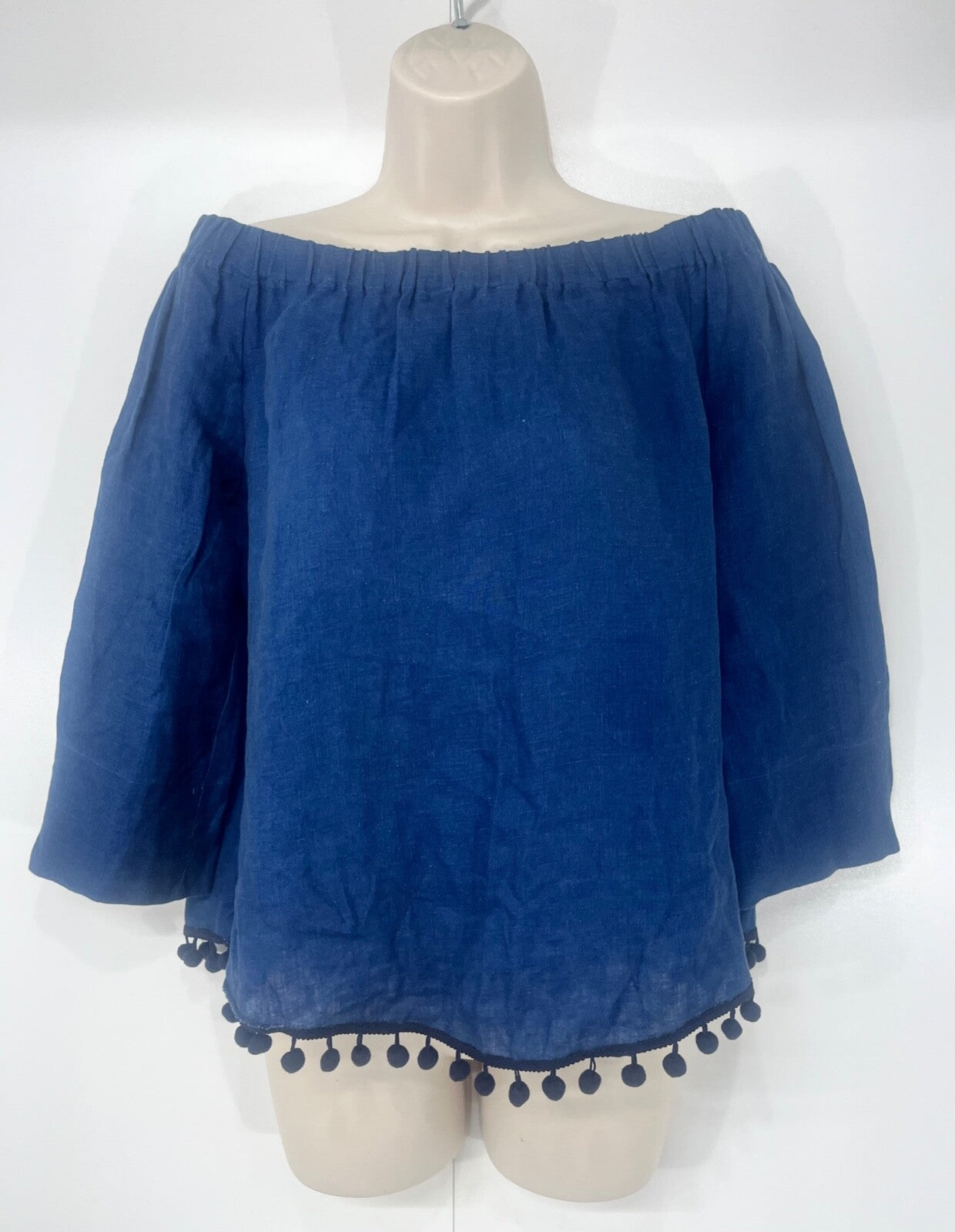 ZARA Boho Retro Style LINEN Blend Navy Blue Women's Off the Shoulder Blouse UK 12 14 M