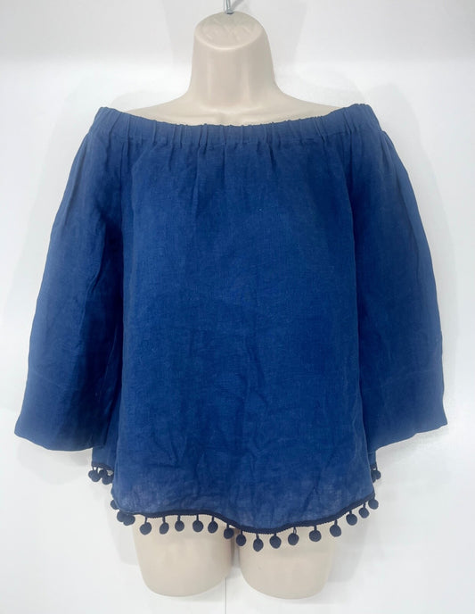 ZARA Boho Retro Style LINEN Blend Navy Blue Women's Off the Shoulder Blouse UK 12 14 M