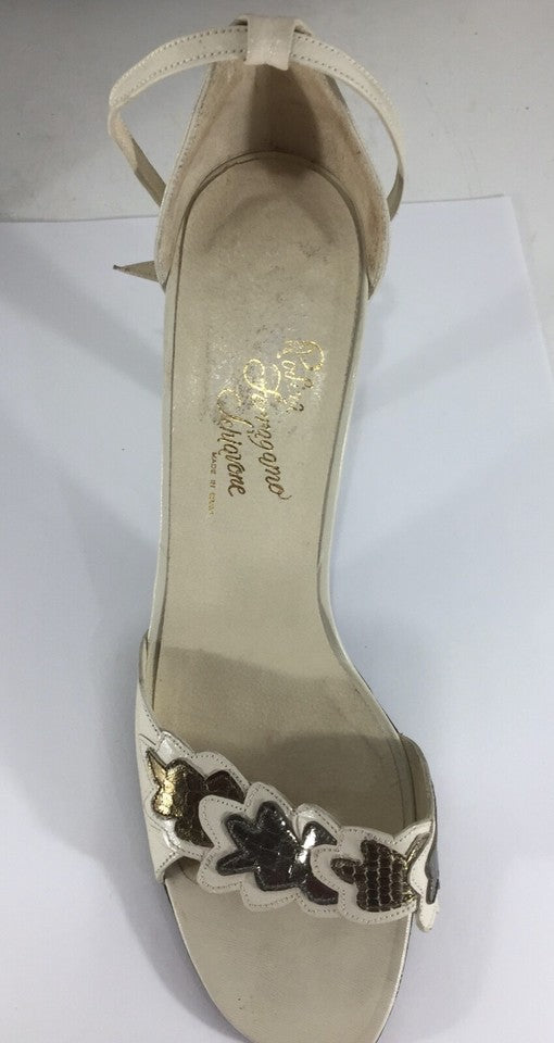 FERRAGAMO Vintage 60s Cream Ivory REAL LEATHER Women's Ankle Strap Sandals UK 4 EUR 37