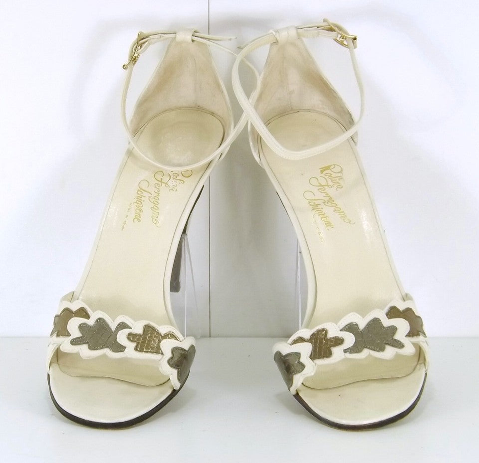 FERRAGAMO Vintage 60s Cream Ivory REAL LEATHER Women's Ankle Strap Sandals UK 4 EUR 37