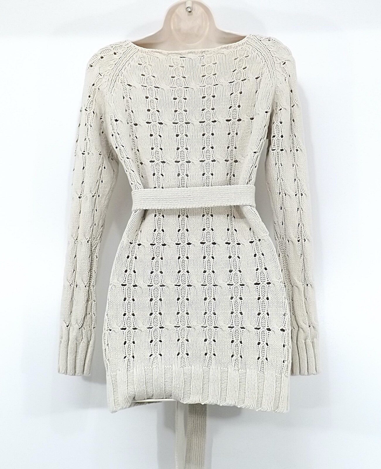 PAUL COSTELLOE Stone Beige LINEN Blend Retro Style Women's Jumper with Belt UK 8 10 S