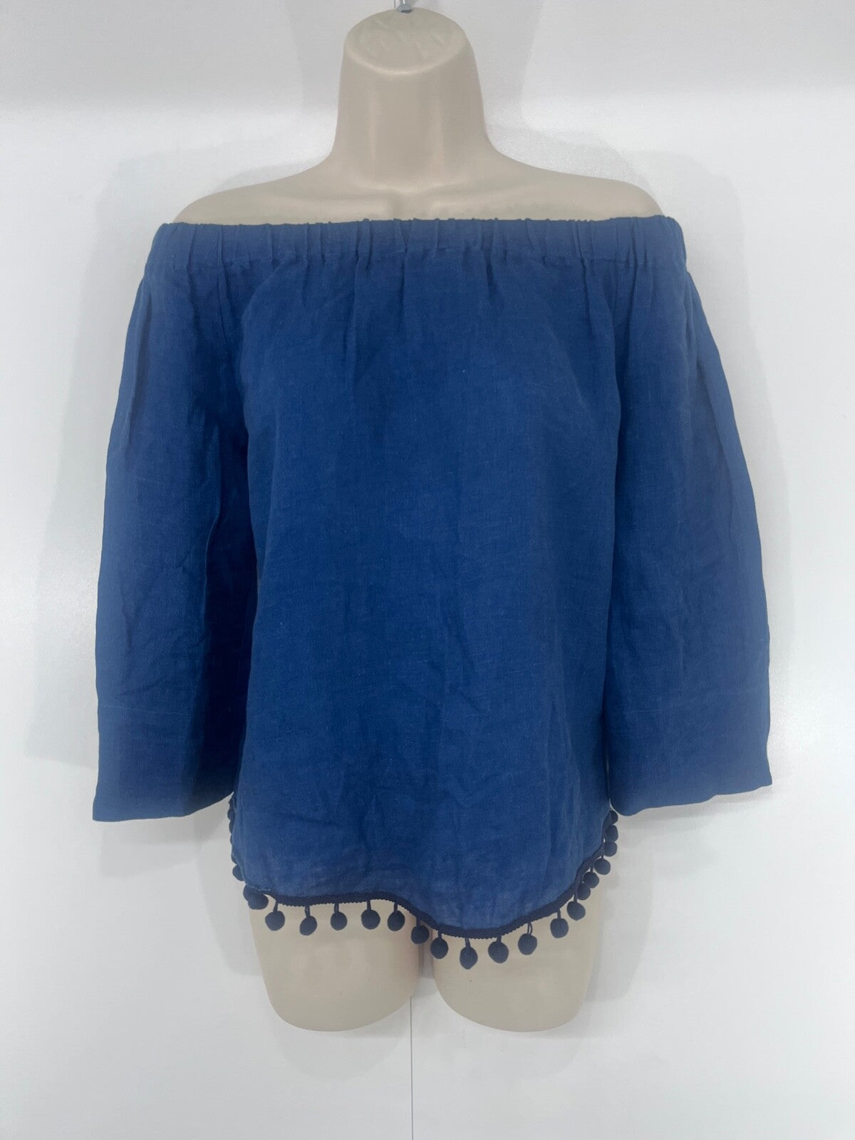 ZARA Boho Retro Style LINEN Blend Navy Blue Women's Off the Shoulder Blouse UK 12 14 M