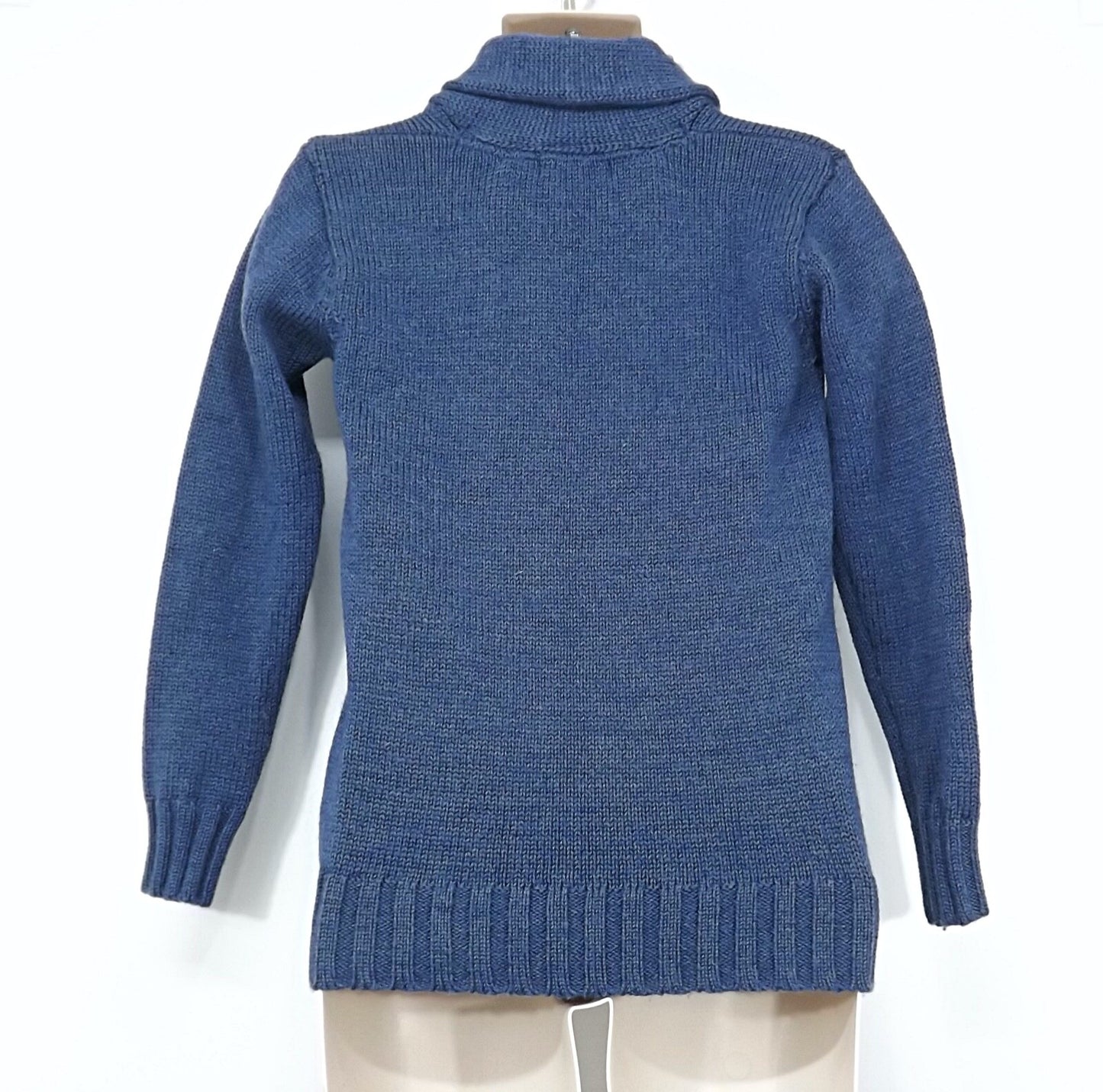 WOOLOVERS Blue Pure British WOOL Chunky Knit Mens Shawl Collar Jumper size XS