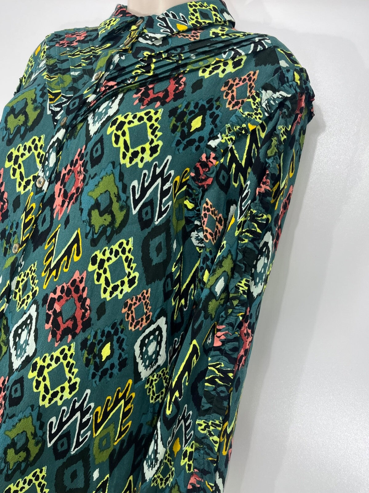 POM Amsterdam Green Multicoloured Boho Scandi Women's Midi Shirt Dress UK 8 10 S